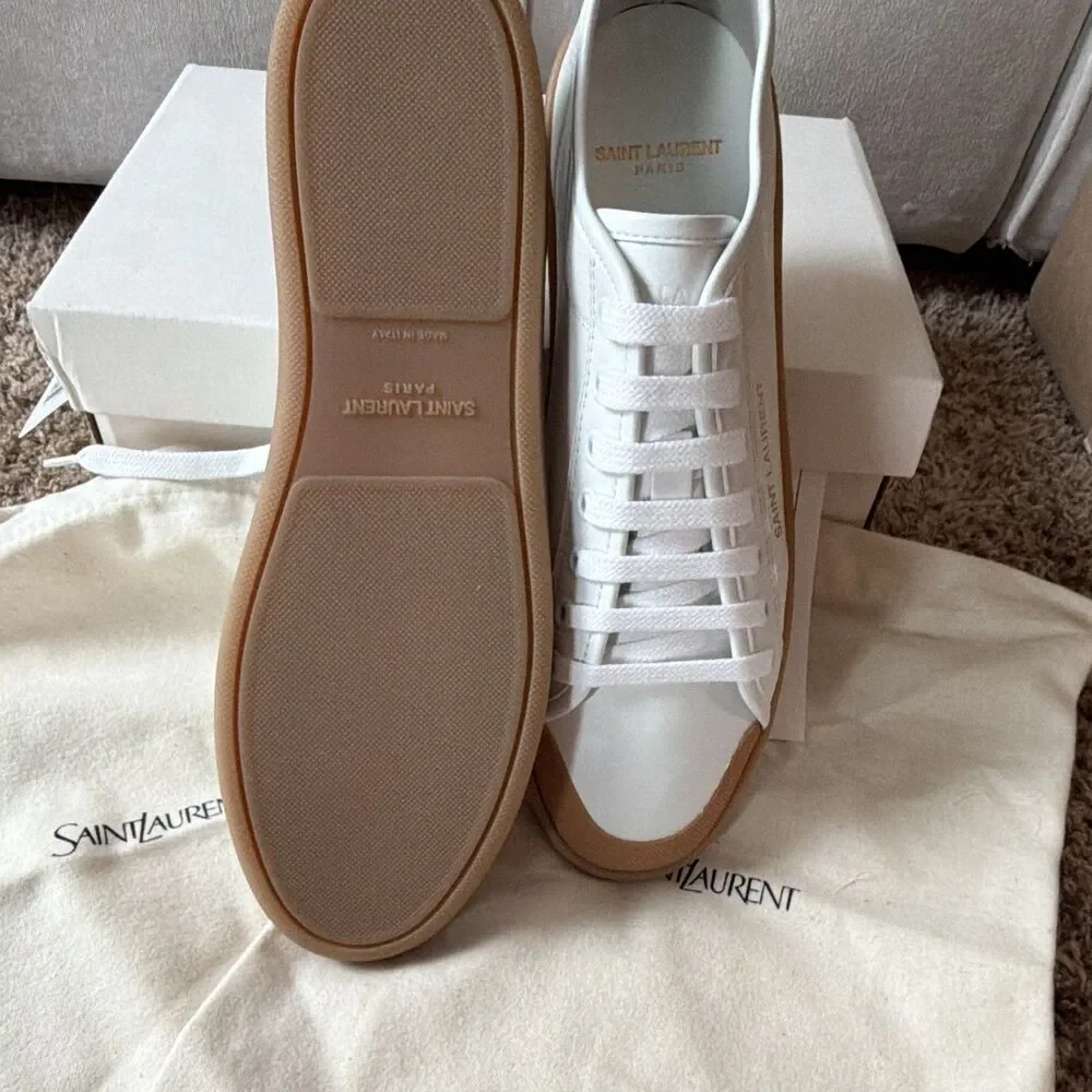 Saint Laurent White Leather Low Top Sneakers Gum Sole Gold Logo EU 40